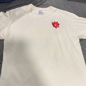 Unisex Cream T-Shirt with Red Flower Embroidery